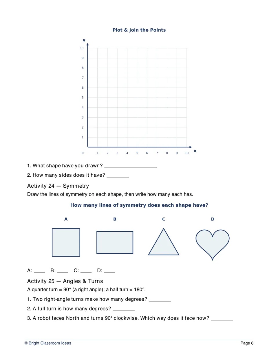 Workbook Activities 23–25 continue coordinate plotting and examine shape symmetry, angles and robot turns