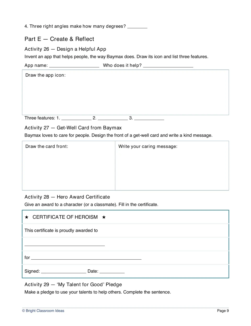 Workbook Activities 26–29 ask for a helpful app, a Baymax get-well card, a hero award and a talent pledge