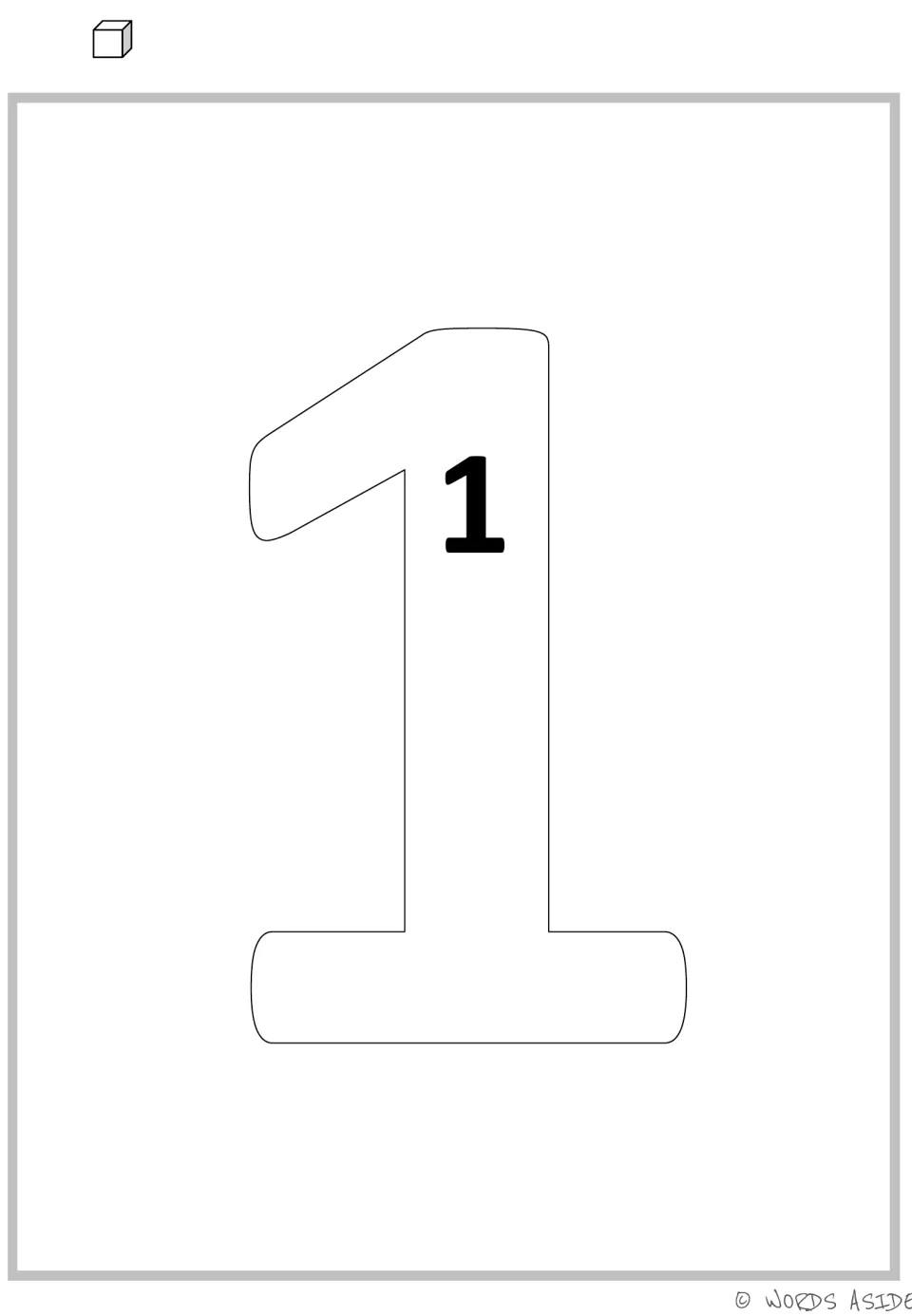 Multiplication mat for 1: a large numeral 1 containing one 1, paired with one cube for repeated addition.