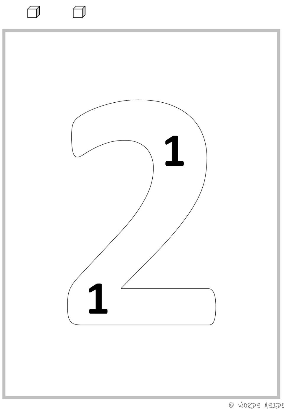 Multiplication mat for 2: a large numeral 2 containing two 1s, paired with two cubes for repeated addition.