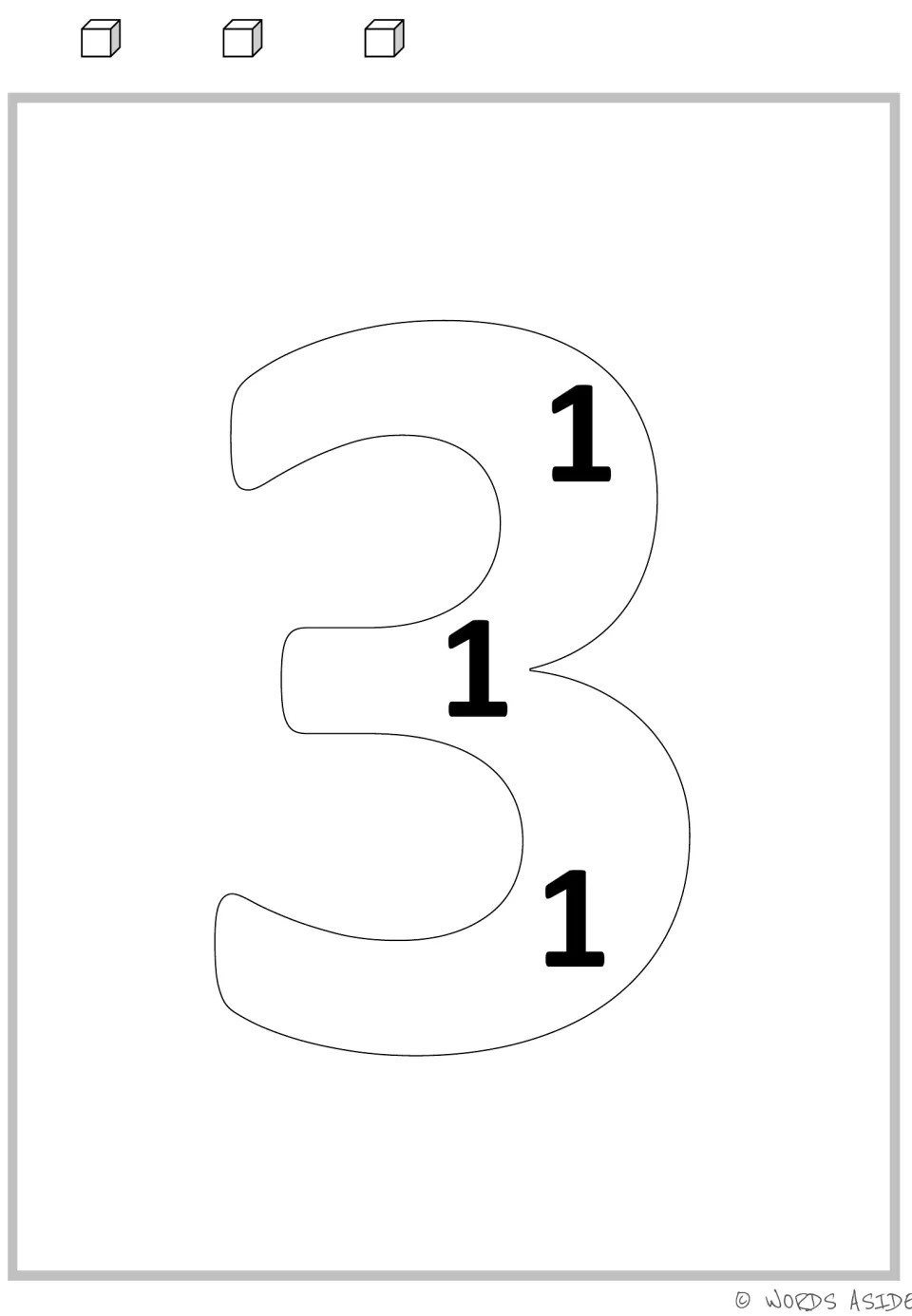 Multiplication mat for 3: a large numeral 3 containing three 1s, paired with three cubes for repeated addition.