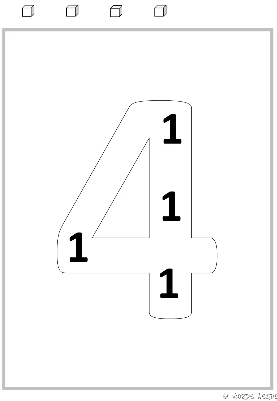 Multiplication mat for 4: a large numeral 4 containing four 1s, paired with four cubes for repeated addition.