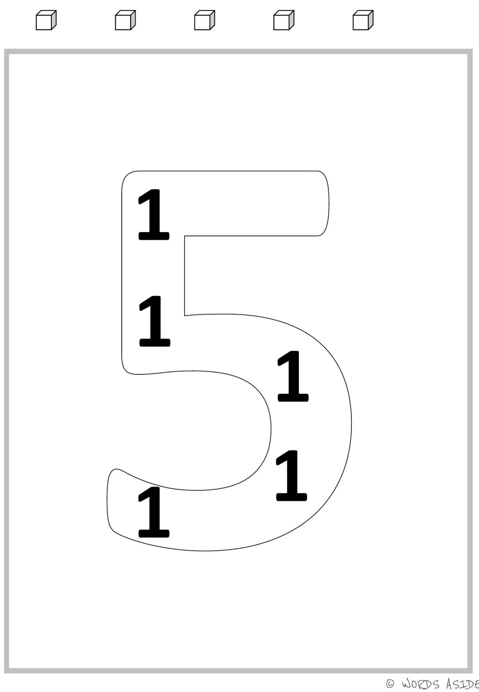 Multiplication mat for 5: a large numeral 5 containing five 1s, paired with five cubes for repeated addition.