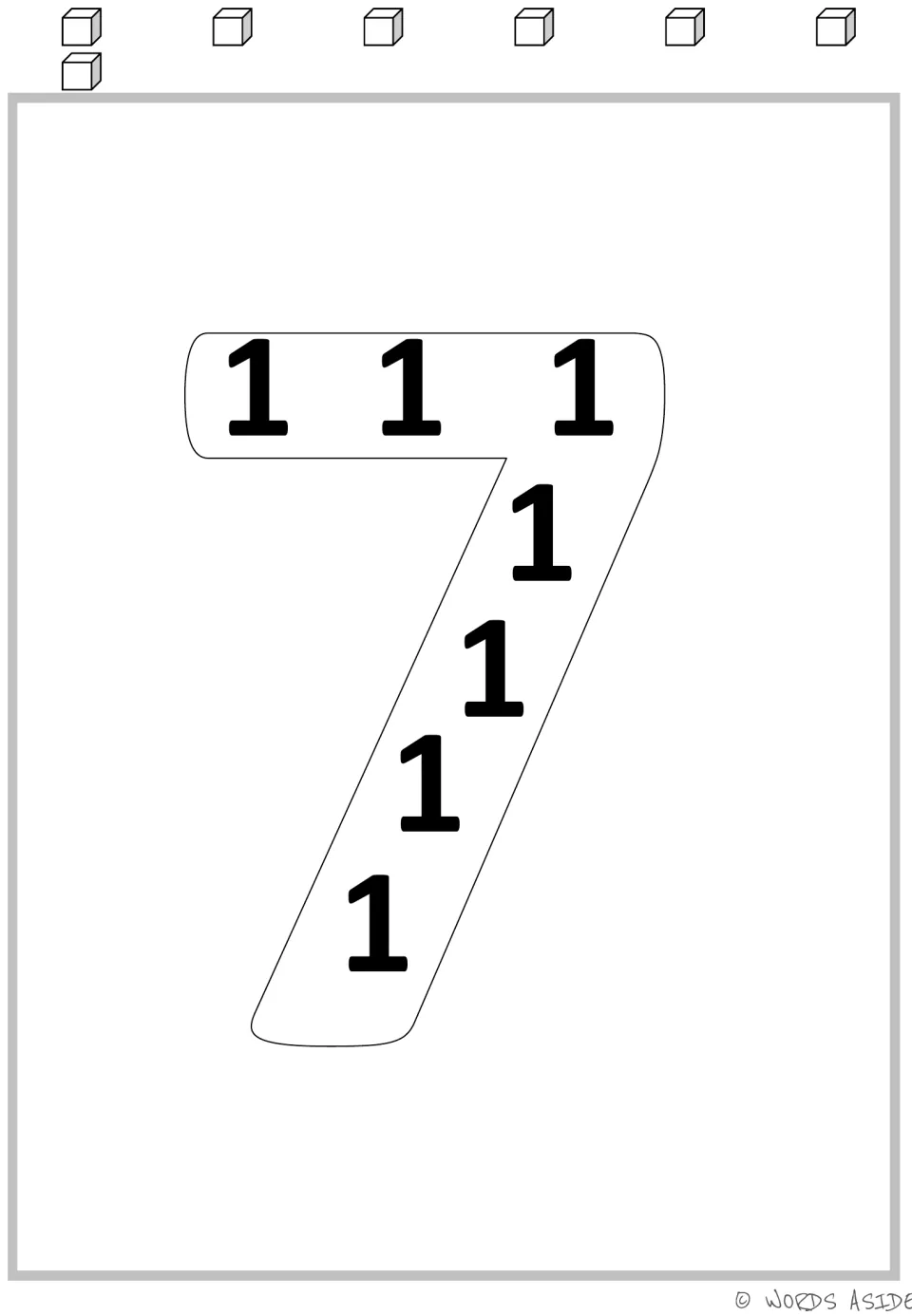 Multiplication mat for 7: a large numeral 7 containing seven 1s, paired with seven cubes for repeated addition.