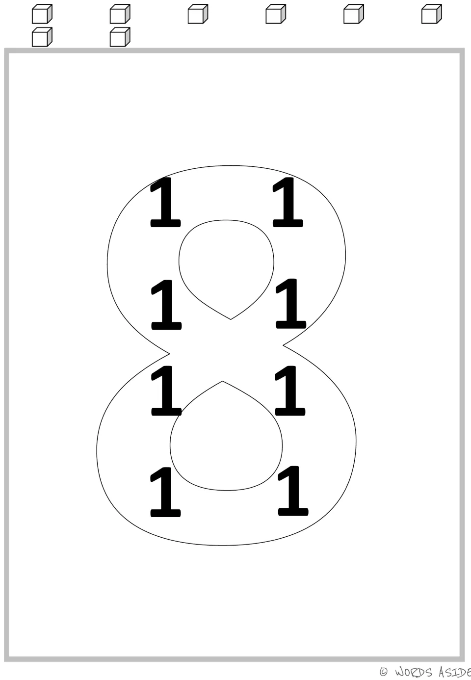 Multiplication mat for 8: a large numeral 8 containing eight 1s, paired with eight cubes for repeated addition.