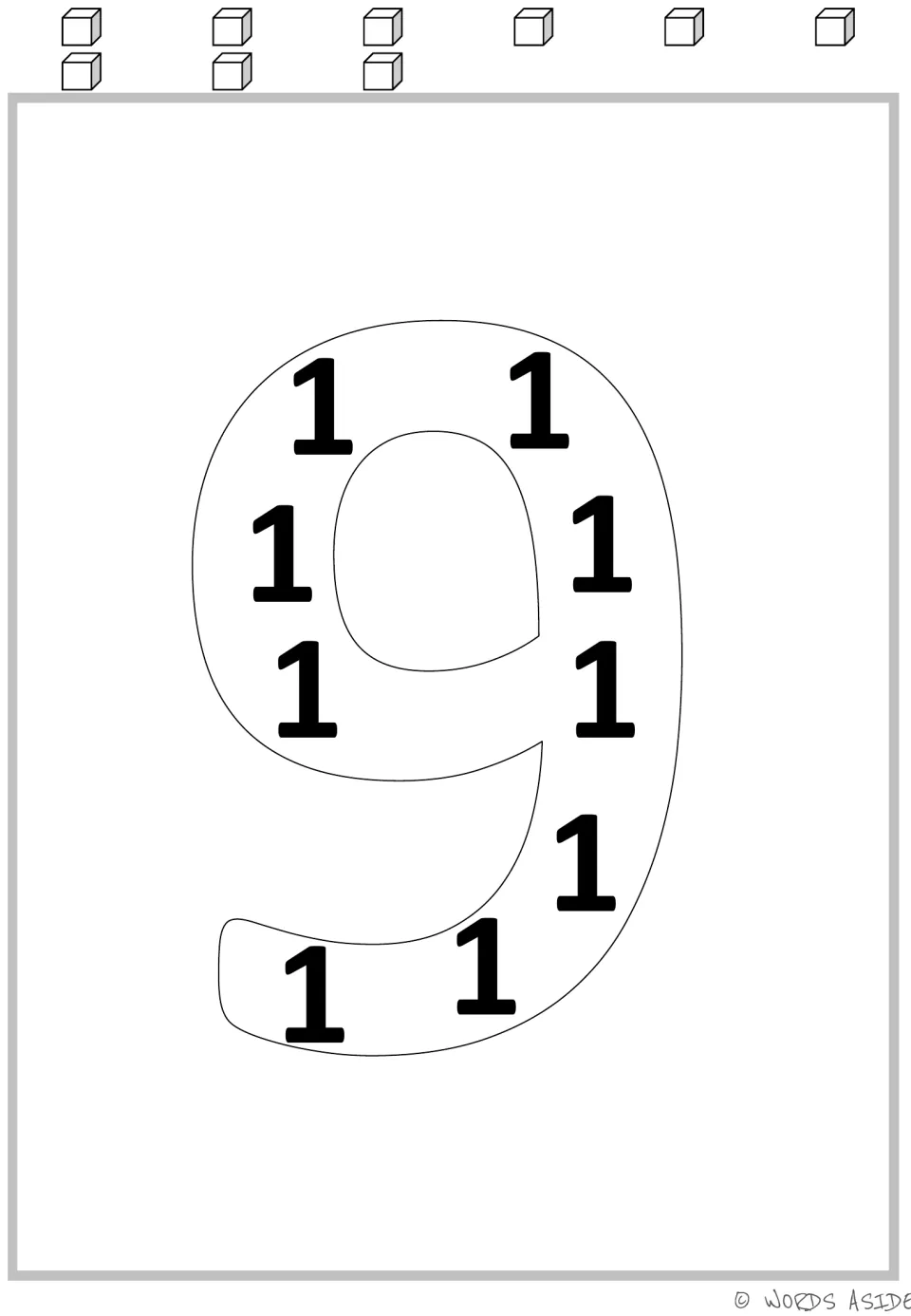 Multiplication mat for 9: a large numeral 9 containing nine 1s, paired with nine cubes for repeated addition.