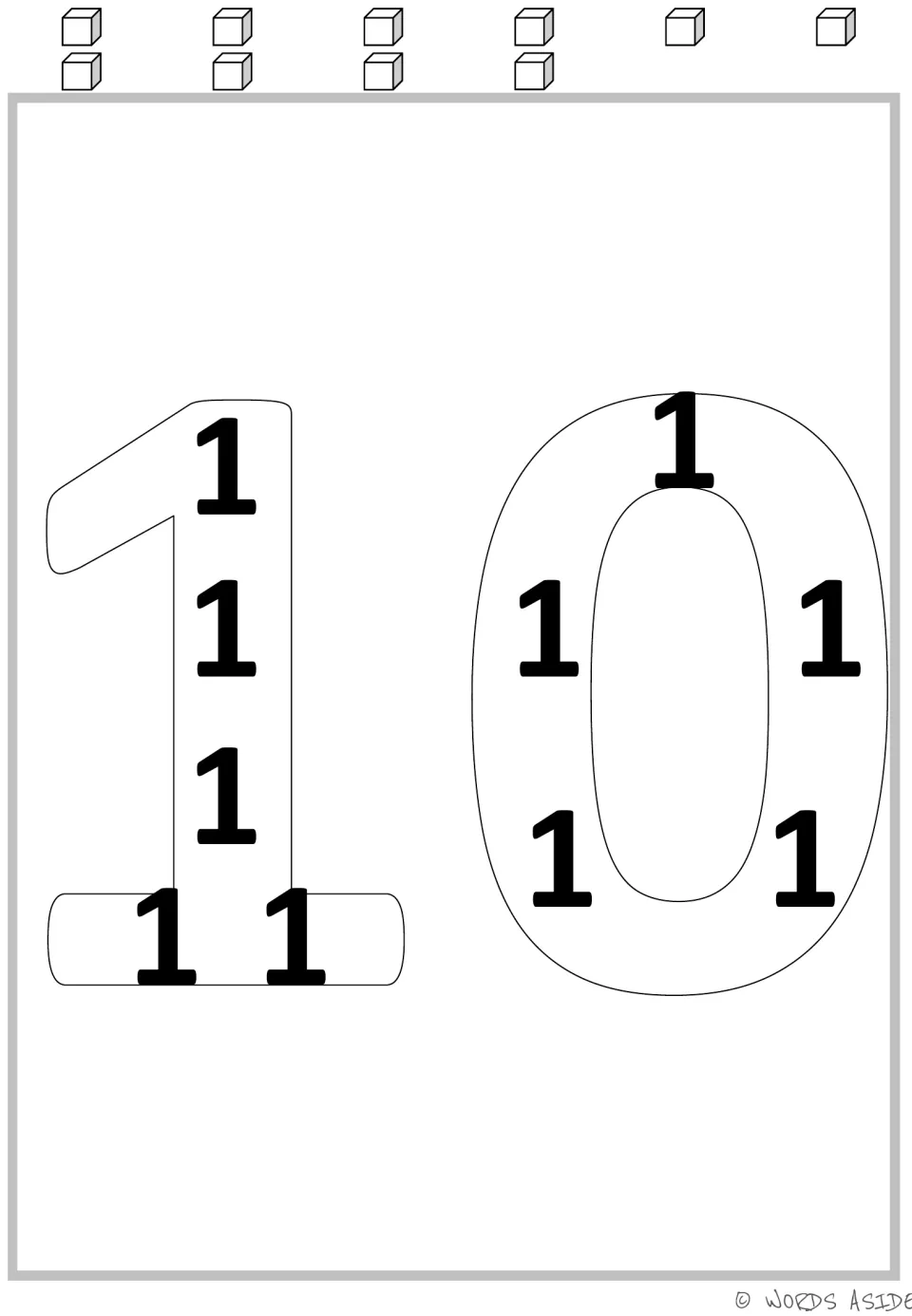 Multiplication mat for 10: a large number 10 containing ten 1s, paired with ten cubes for repeated addition.