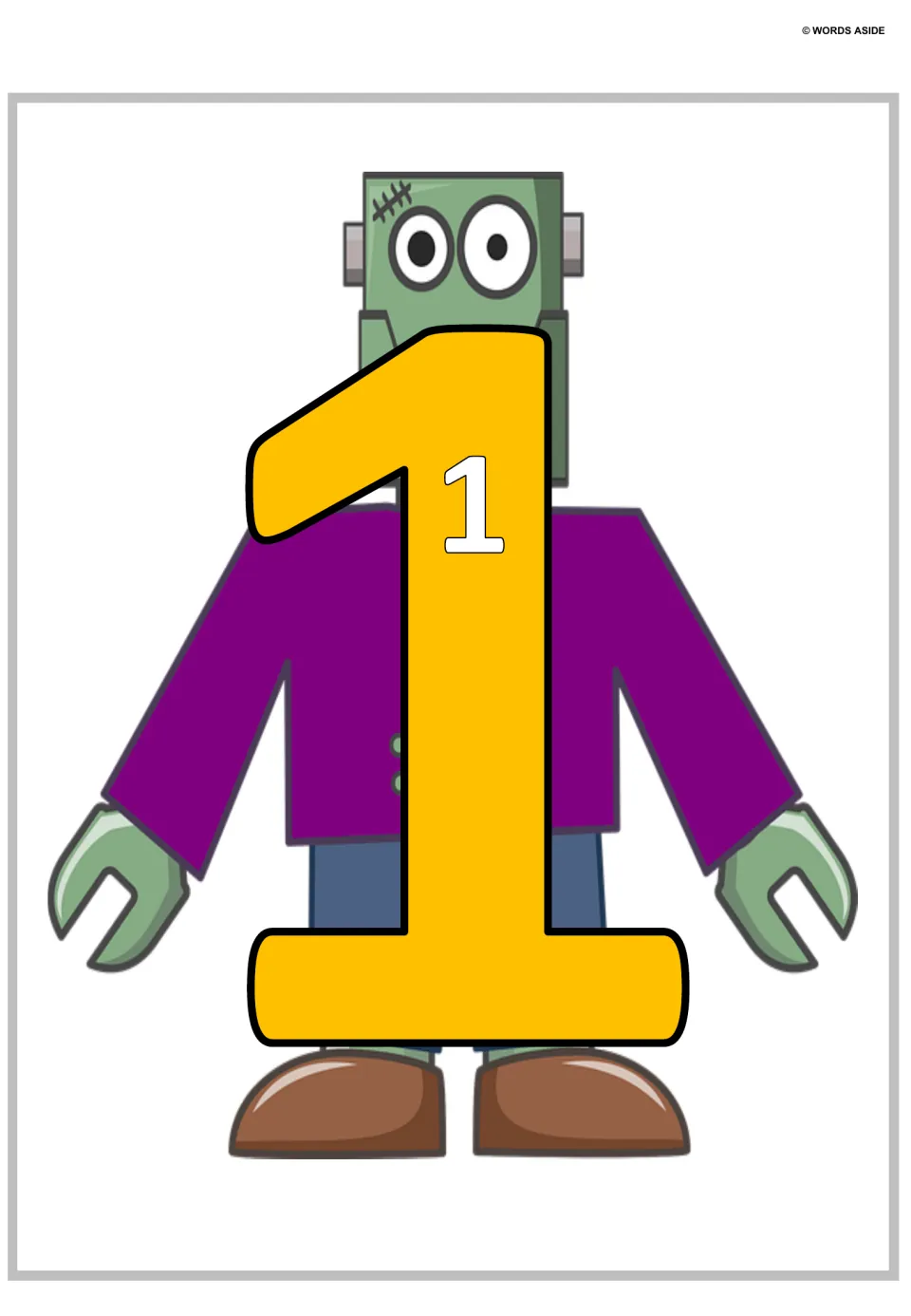 Number 1 poster: a large yellow 1 holding a single small 1, set in front of a green Halloween monster, to count ones