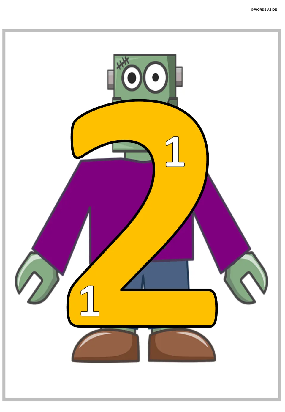 Number 2 poster: a large yellow 2 with two small 1s inside over a green monster, showing 2 as 1 + 1 by repeated addition