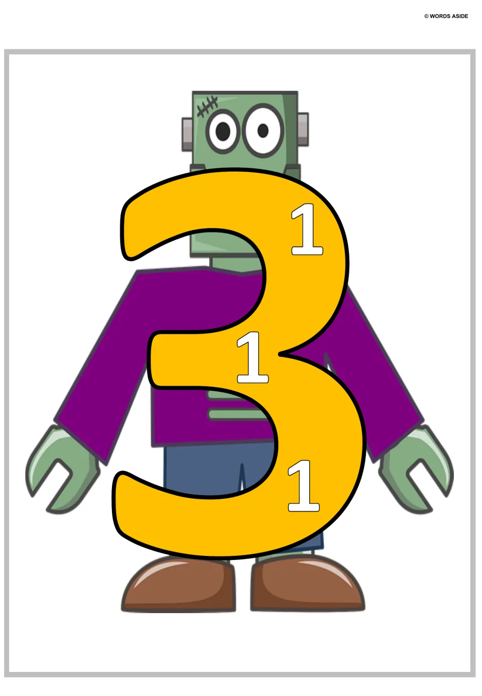 Number 3 poster: a large yellow 3 with three small 1s placed along its curves, over a green monster, for counting 1 + 1 + 1