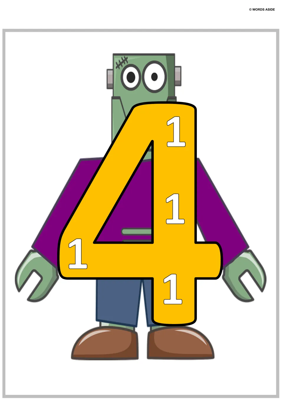 Number 4 poster: a large yellow 4 with four small 1s inside, in front of a green monster, to add ones up to 4