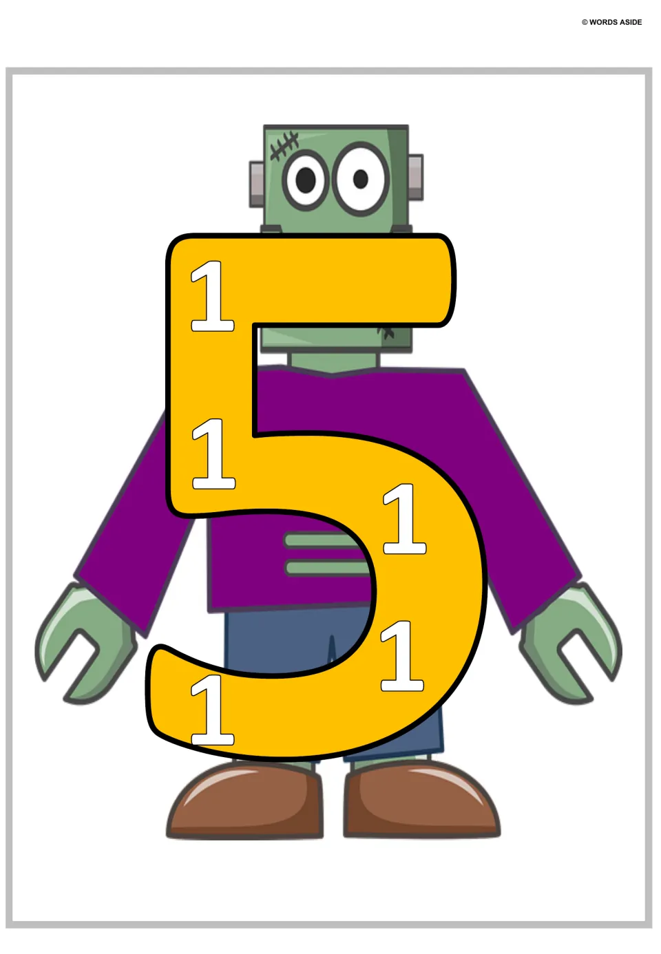 Number 5 poster: a large yellow 5 holding five small 1s, over a green monster in a purple shirt, to count five ones