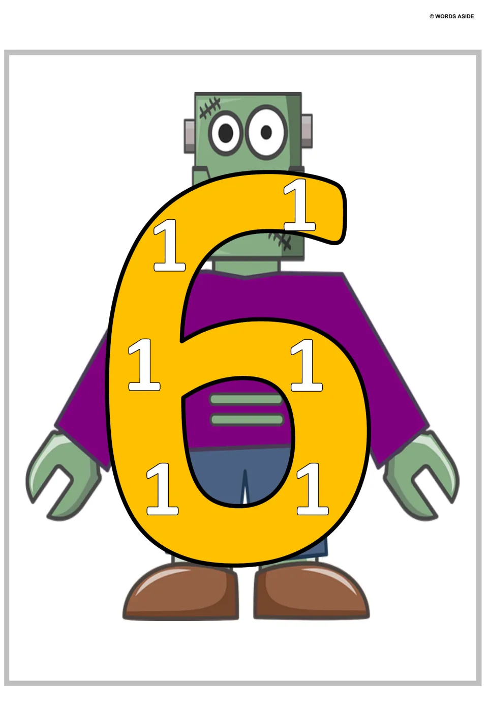 Number 6 poster: a large yellow 6 with six small 1s around its loop, over a green monster, showing six as six ones added