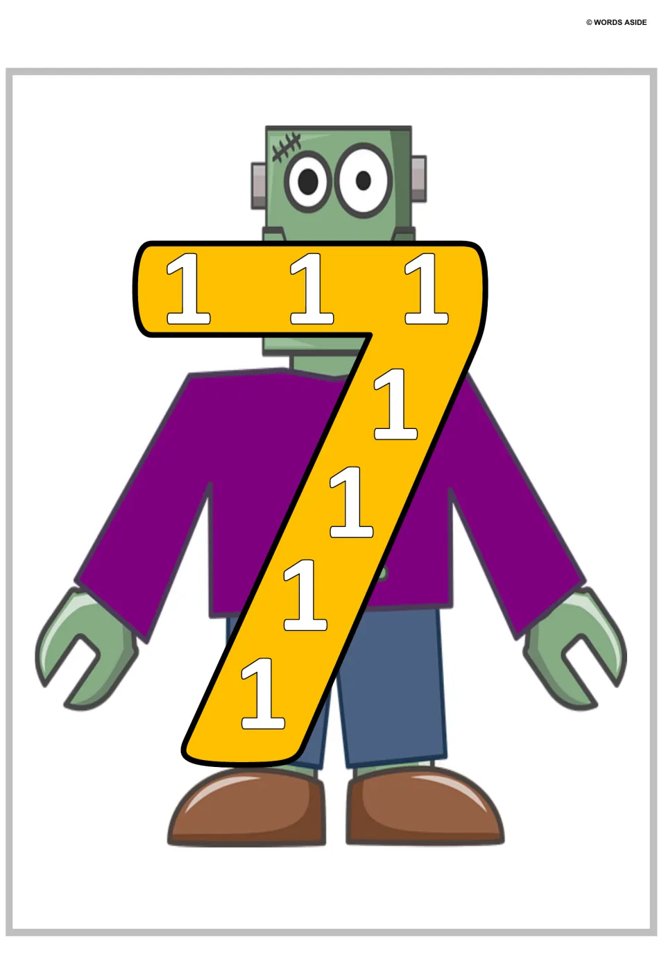 Number 7 poster: a large yellow 7 with three small 1s across its top and four down its stem, over a green monster