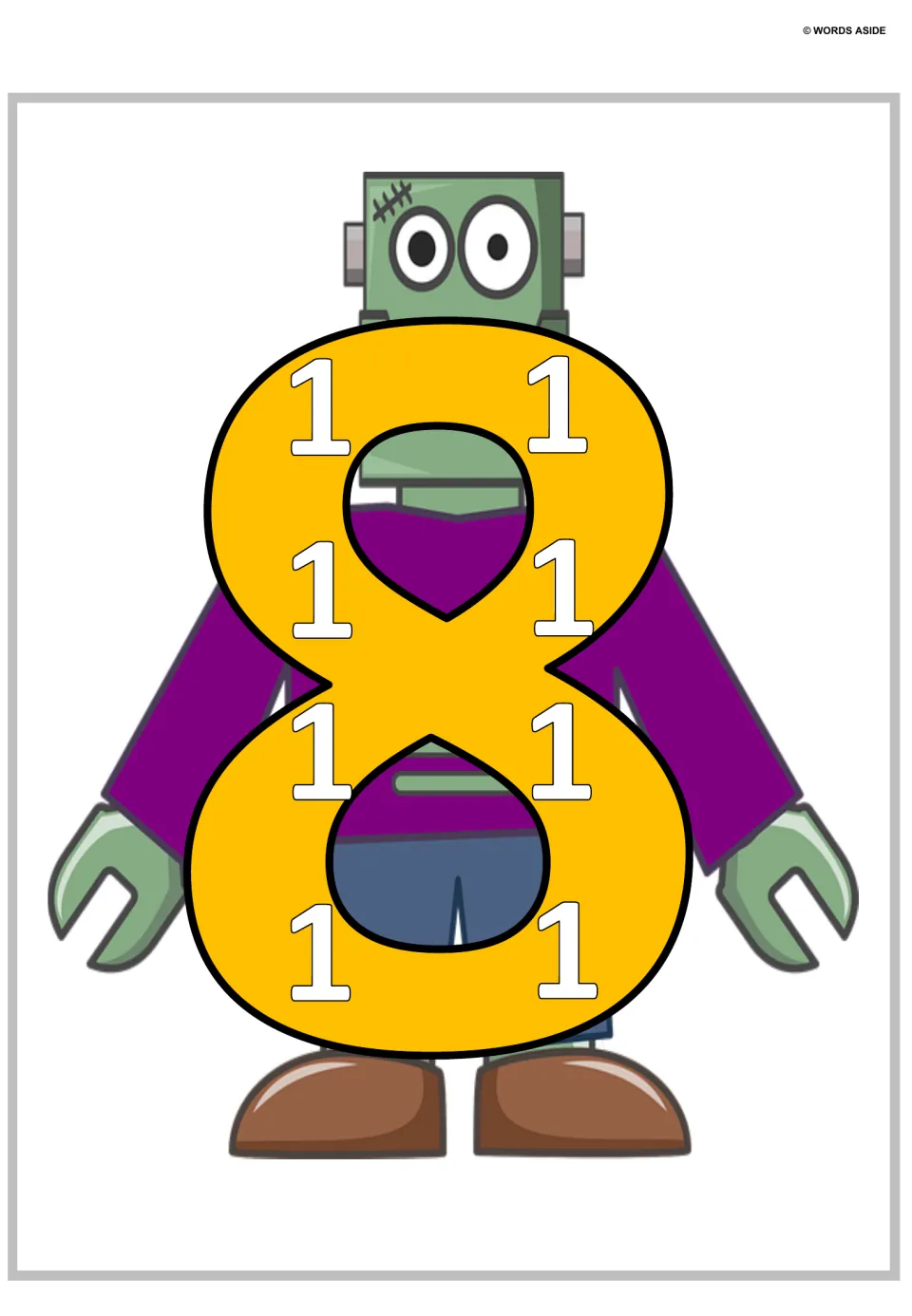 Number 8 poster: a large yellow 8 with eight small 1s, four on each side of its loops, over a green monster, to count to 8