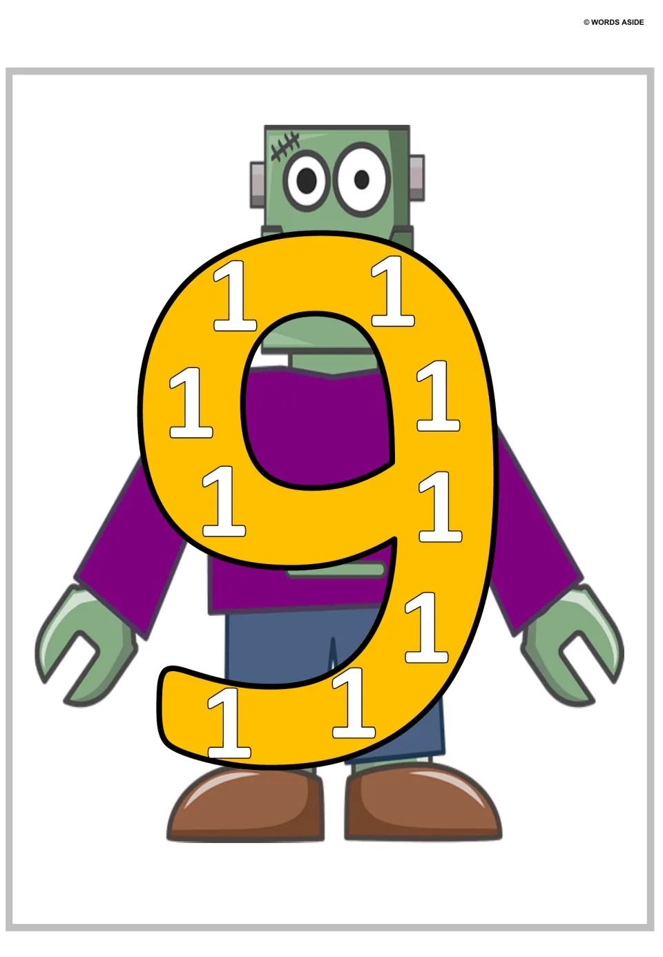Number 9 poster: a large yellow 9 with nine small 1s spread around it, over a green monster, for adding ones up to nine