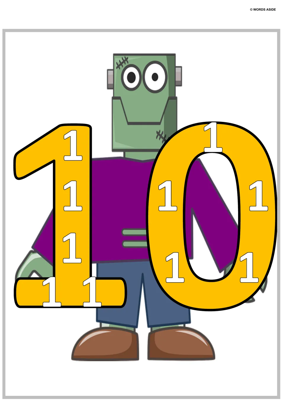 Number 10 poster: a yellow 1 and 0 each holding five small 1s, in front of a green monster, showing ten ones make 10