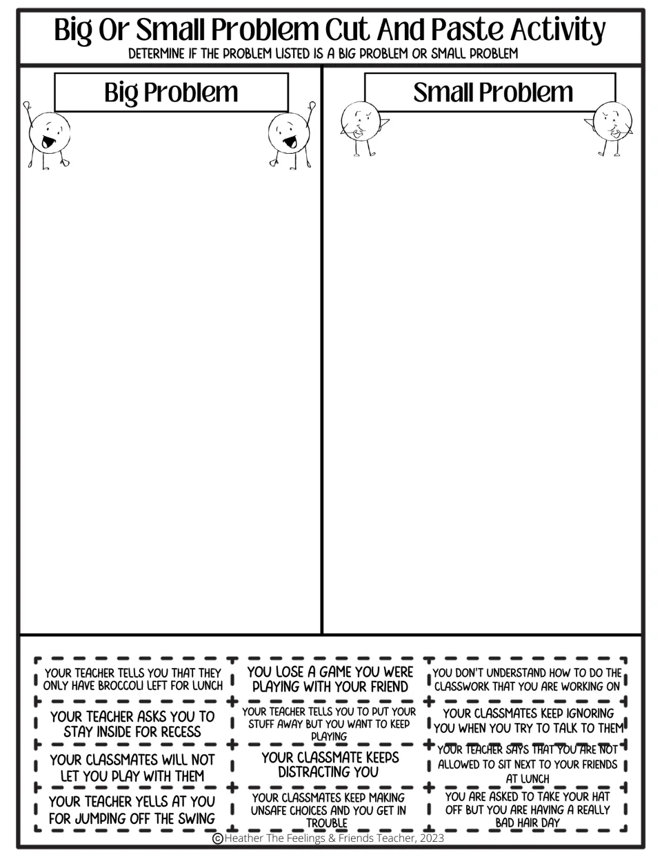 Sorting school problems by size: 12 cut-out cards like losing a game or indoor recess go under big or small problem