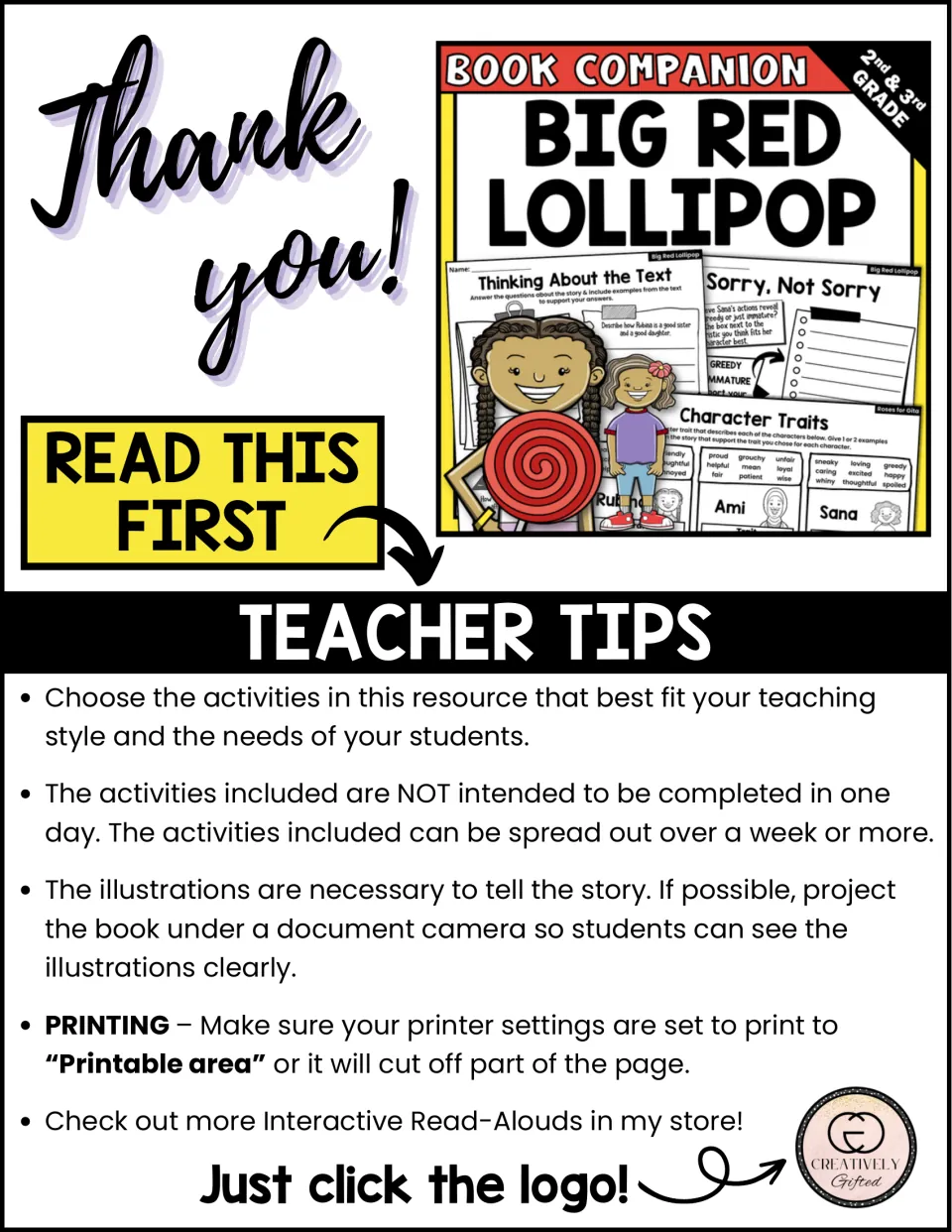 Teacher tips for the read-aloud companion: spread activities over a week, project the book's illustrations, printing notes