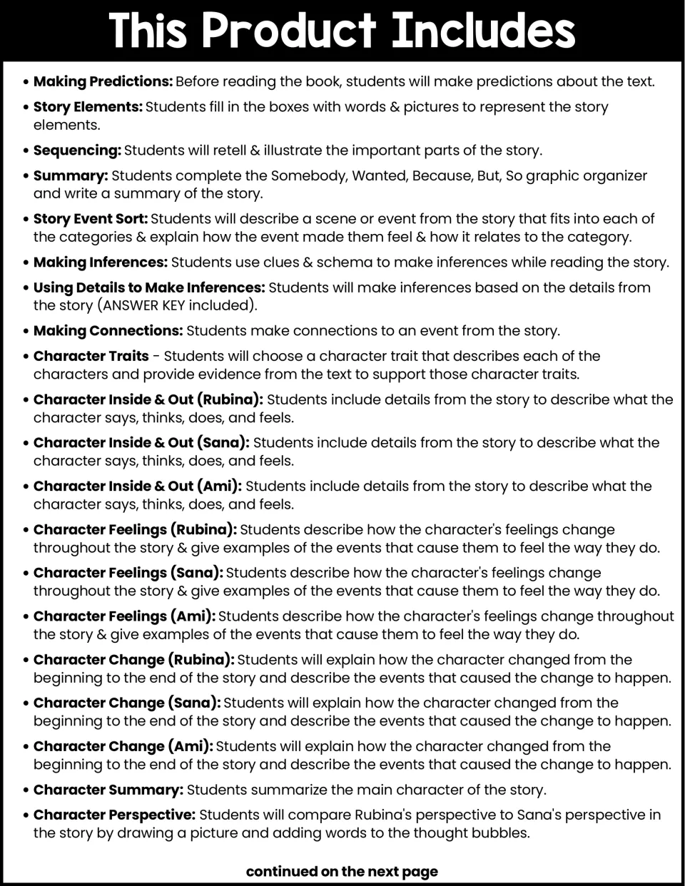 Contents list, part 1: predictions, story elements, sequencing, inferences and character trait, feelings and change pages