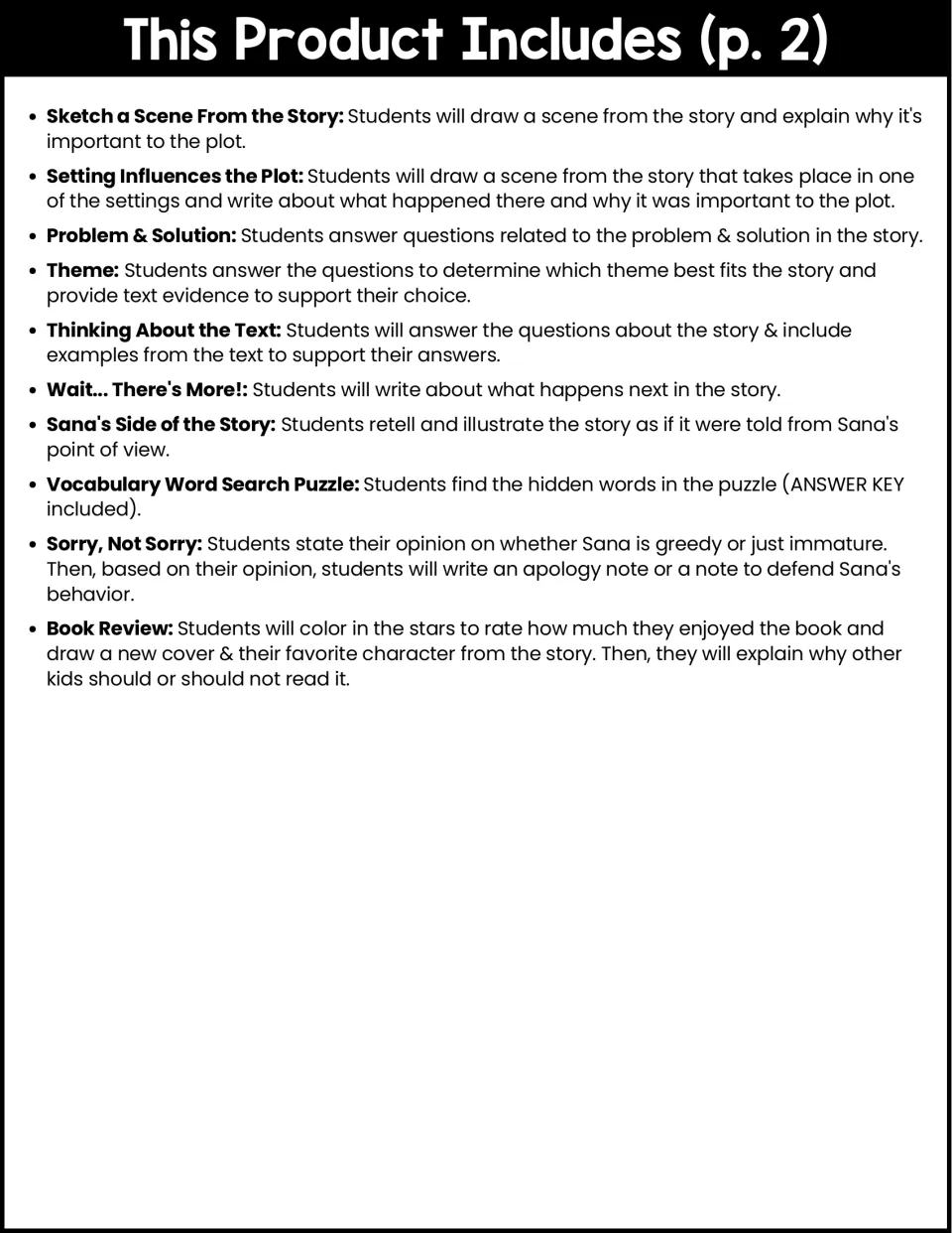 Contents list, part 2: scene sketch, setting, problem and solution, theme, word search, opinion note and book review