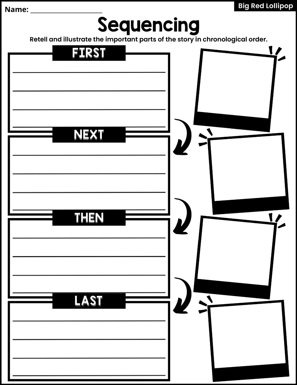 Sequencing the story: students retell and illustrate the important events in First, Next, Then and Last order