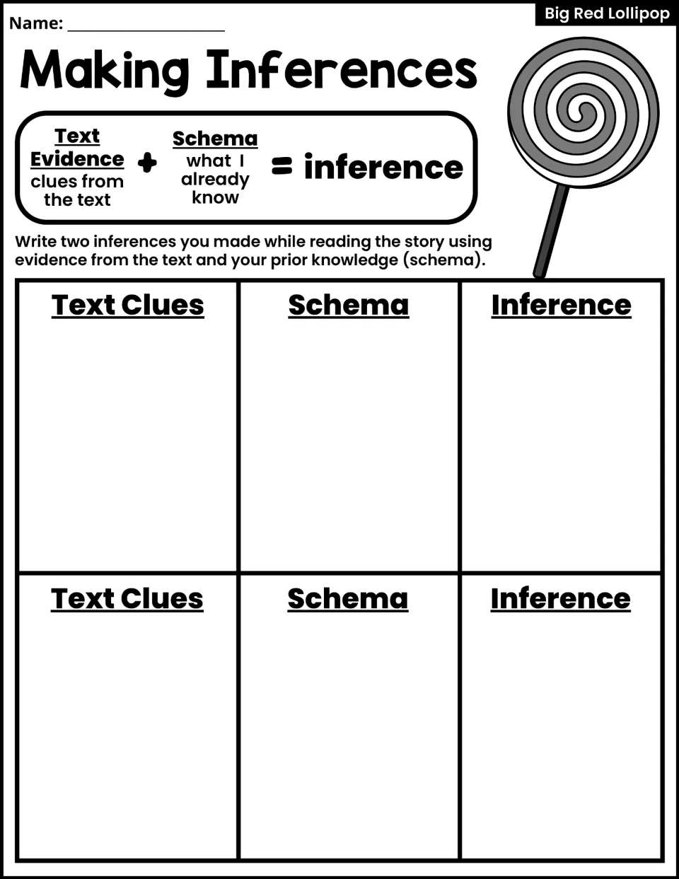 Making inferences: students record text clues and schema to write two inferences, with a text evidence plus schema formula