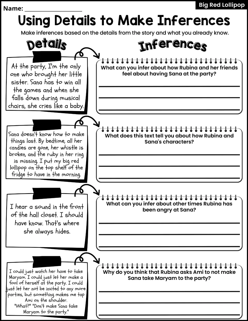 Using details to make inferences: students read four story excerpts about Rubina and Sana and answer inference questions
