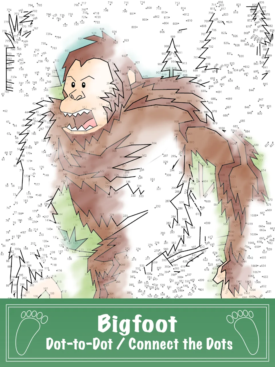 Cover showing a partially colored Bigfoot puzzle and the heading 'Dot-to-Dot / Connect the Dots'.