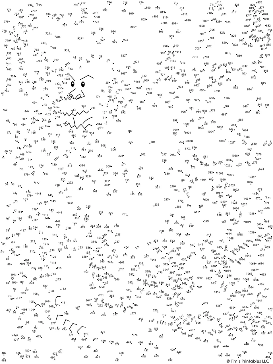 Numbered dot-to-dot puzzle with 1,068 dots to connect, revealing Bigfoot standing among trees and rocks.