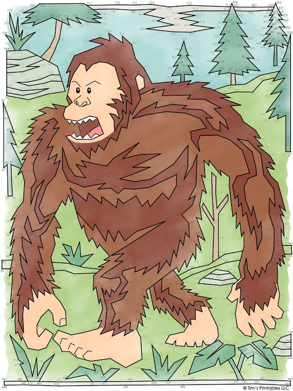 Full-color example of the completed puzzle, showing brown Bigfoot among green trees, plants, and rocks.