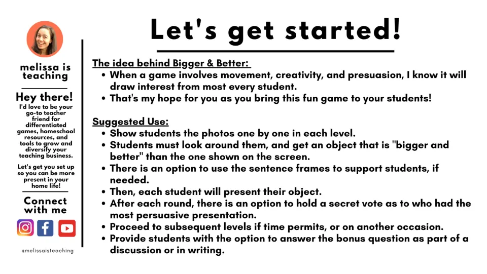 Game instructions: find a bigger and better object, present it, and optionally vote or answer a bonus question.