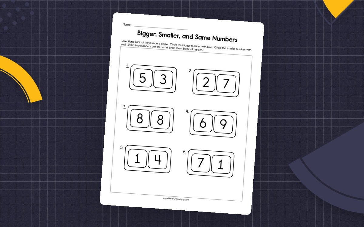 Bigger Smaller and Same Numbers Worksheet preview: Number-pair comparison worksheet