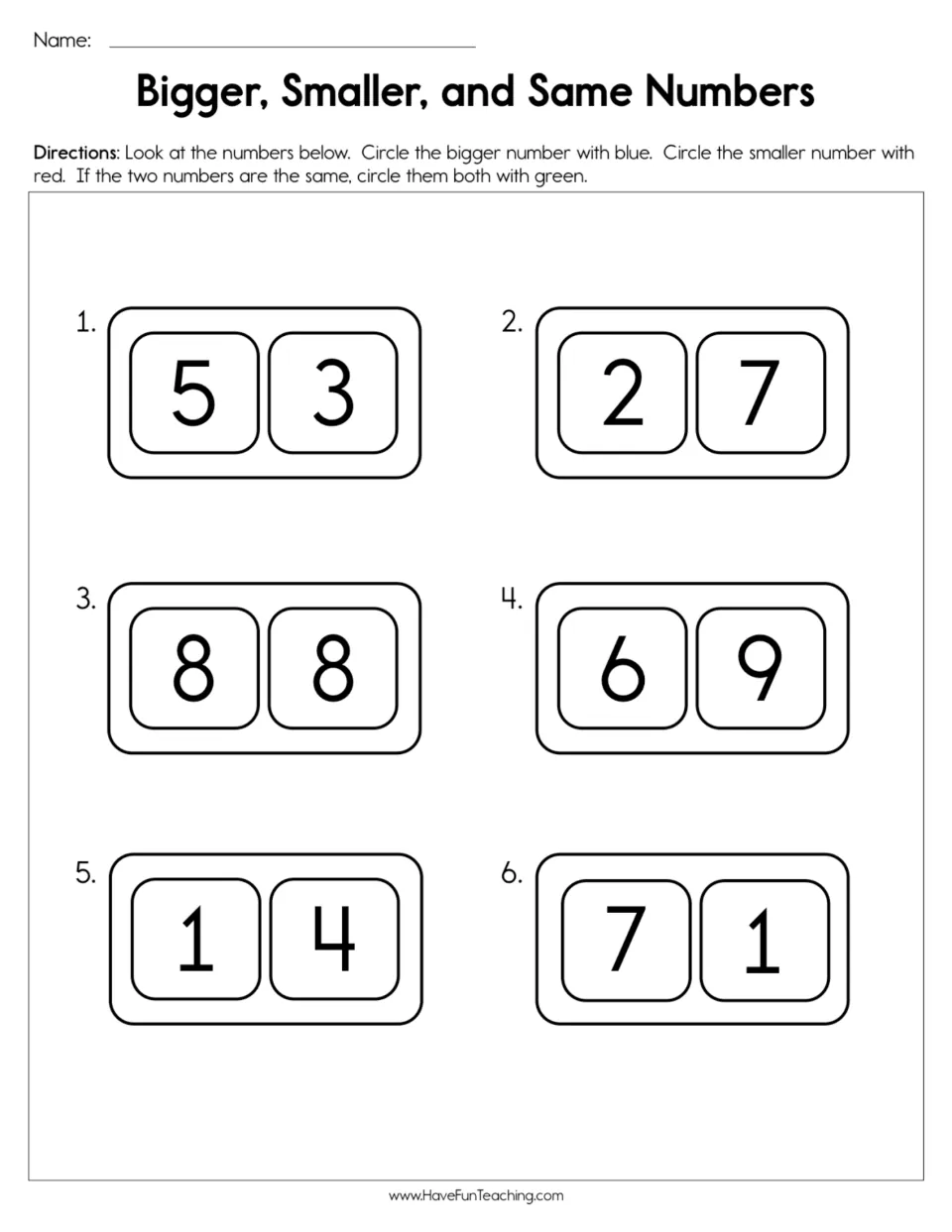 Comparing single-digit numbers: students circle the bigger in blue, the smaller in red and equal pairs in green, 6 pairs