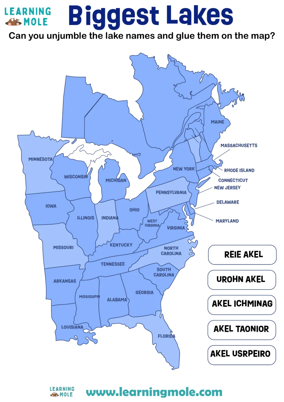 Great Lakes map labeling: students unscramble five jumbled lake names, then glue each onto the eastern US map