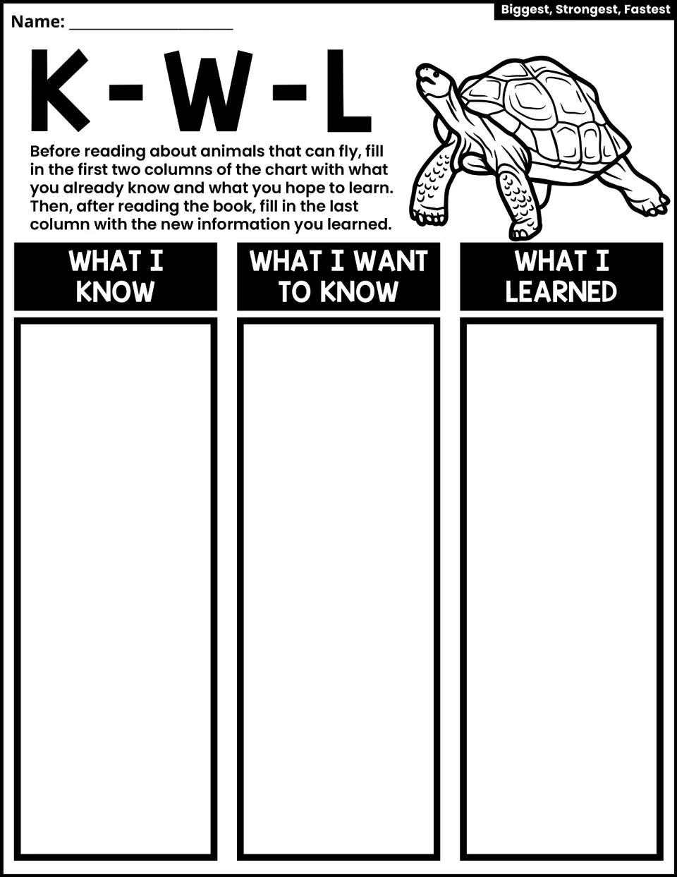 KWL activity asks students what they know, want to know, and learned, with directions about animals that fly.