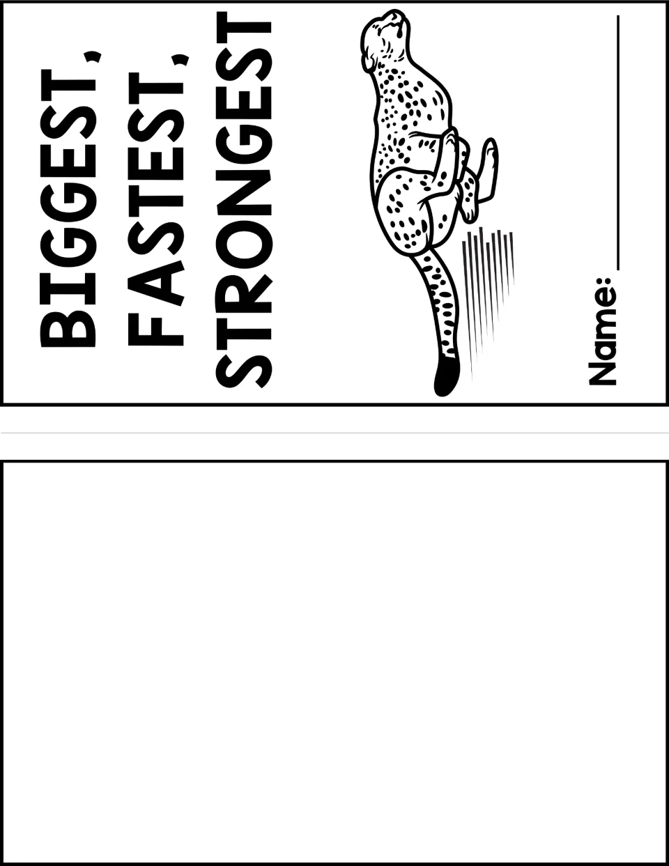 Student notes booklet cover features a running cheetah, an animal-record title, and a space for the name.