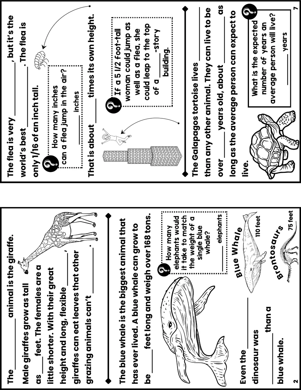 Notes booklet pages 2 and 7 ask for facts about giraffes, blue whales, fleas, and Galapagos tortoises.