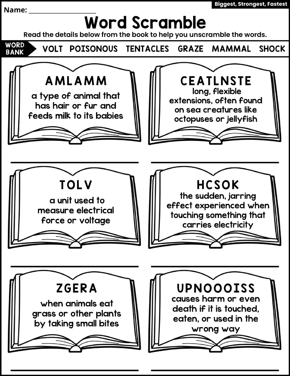 Word Scramble uses six definitions and a word bank: volt, poisonous, tentacles, graze, mammal, and shock.
