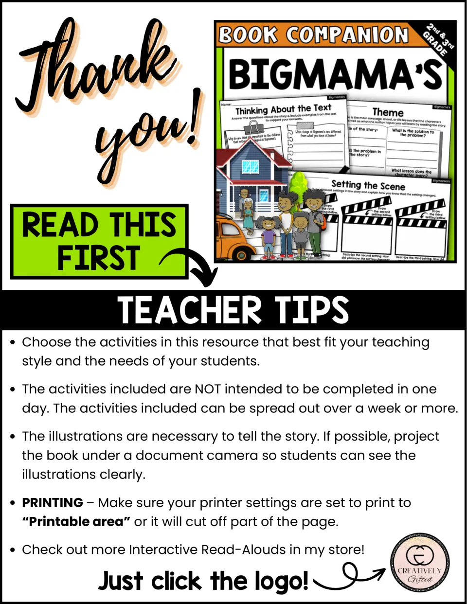 Teacher tips: spread the activities over a week, project the book's illustrations and print to the printable area