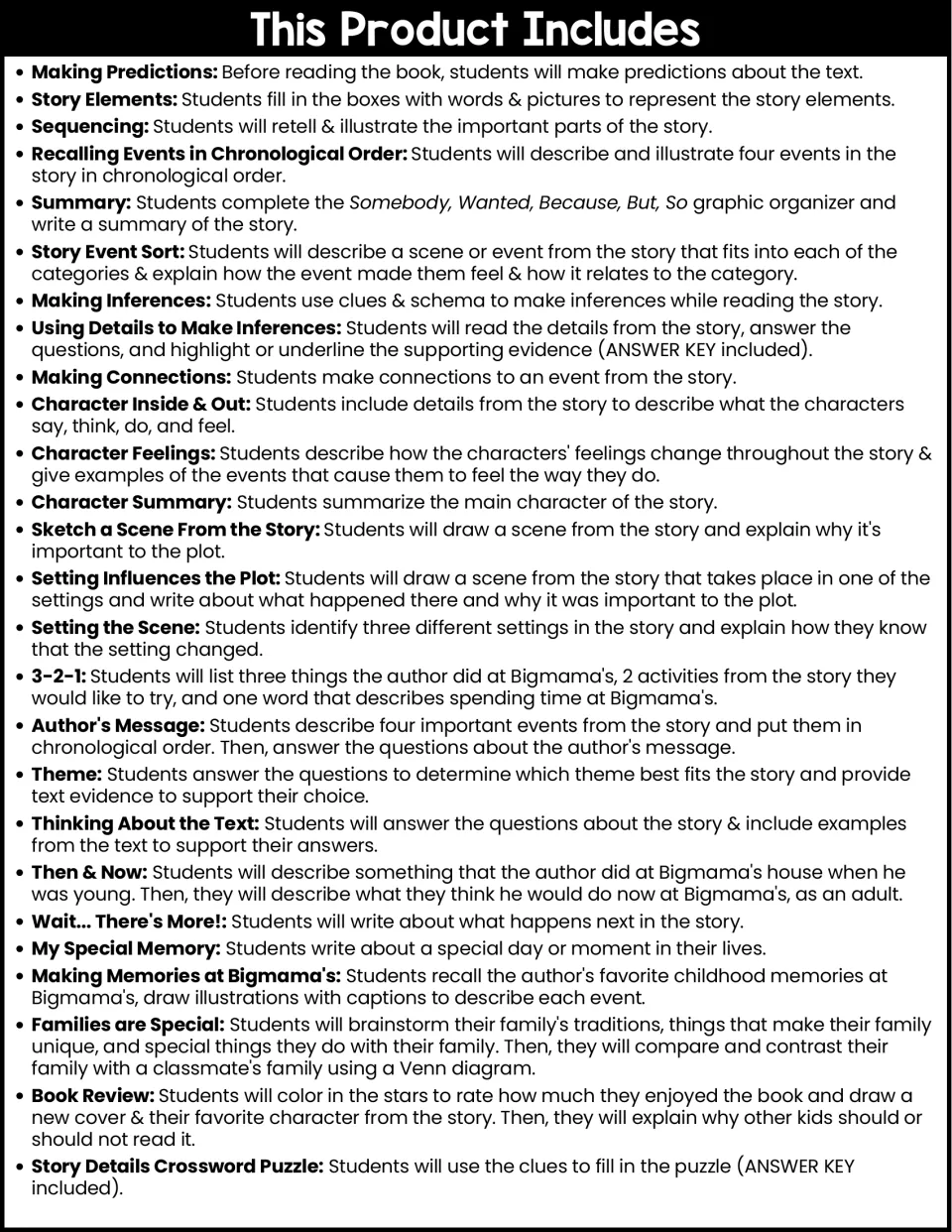Contents list of 26 activities, from making predictions and story elements to theme, a book review and a crossword puzzle