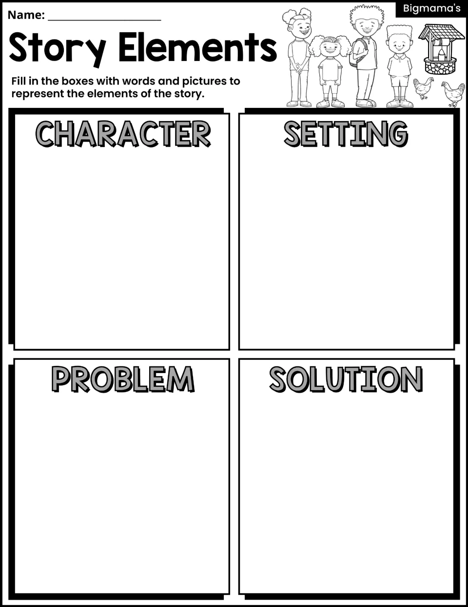 Story elements organizer: students use words and pictures to record the character, setting, problem and solution