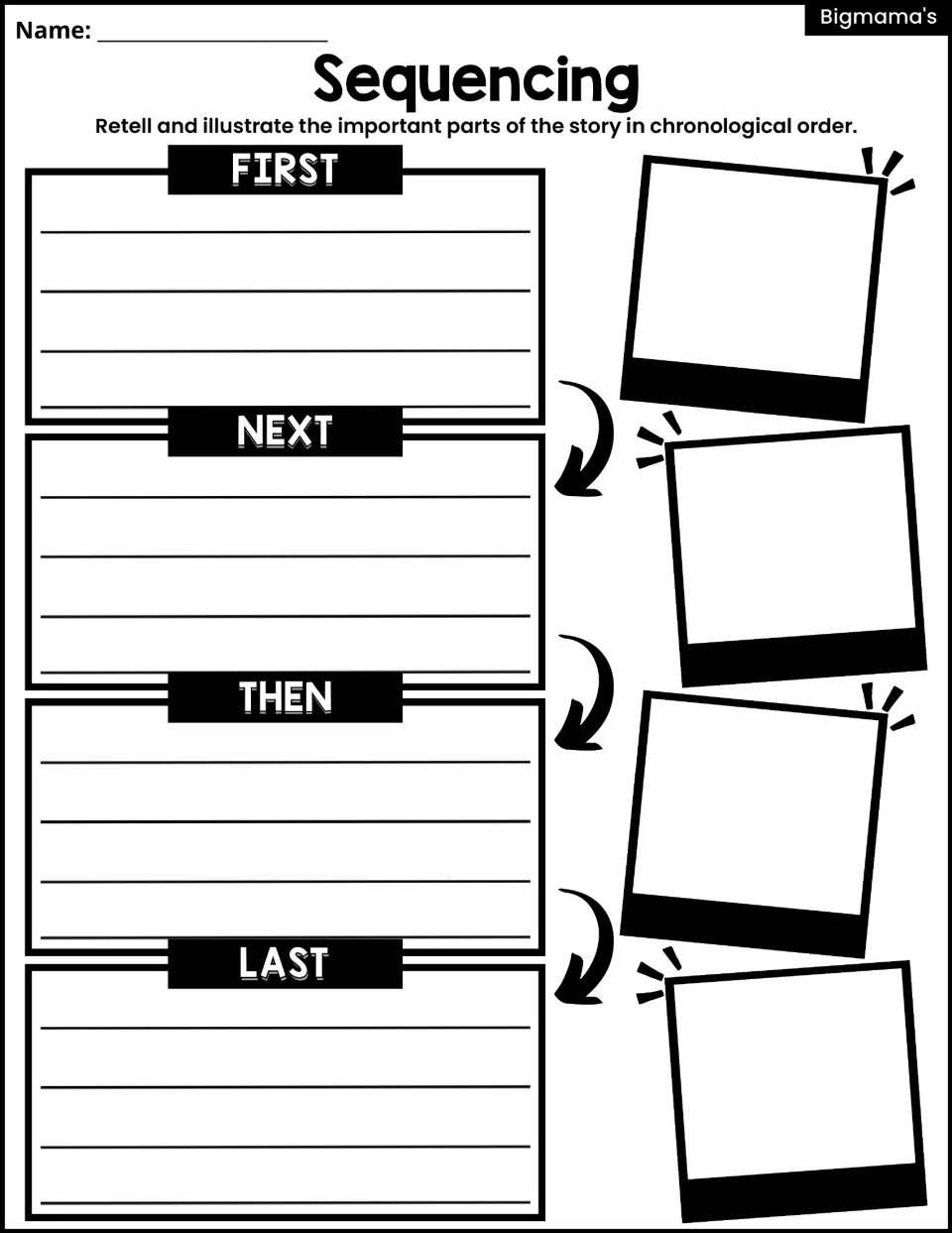 Sequencing: students retell and illustrate the story's first, next, then and last events in chronological order