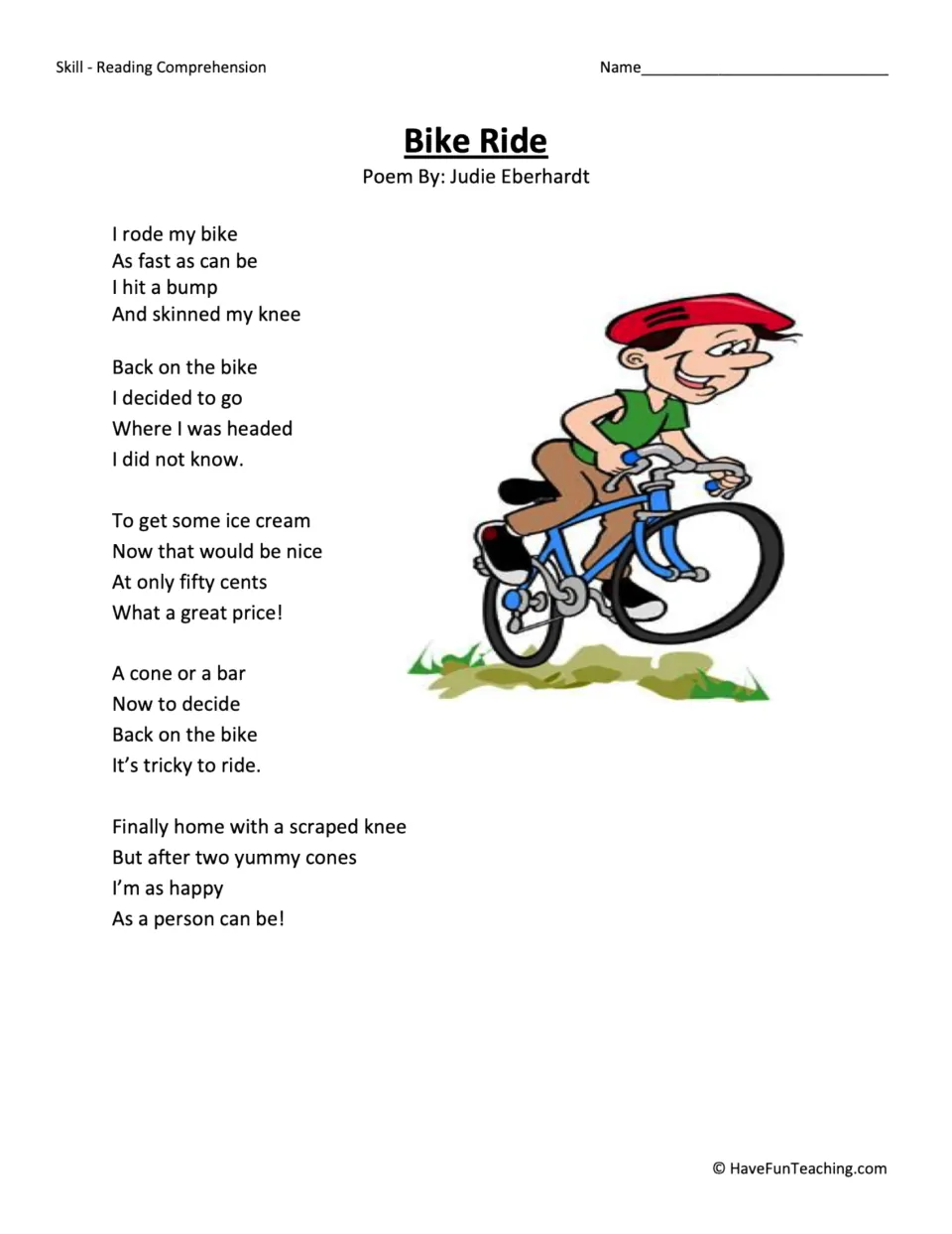 Bike Ride poem by Judie Eberhardt: students read five rhyming stanzas about a skinned knee and a trip for ice cream