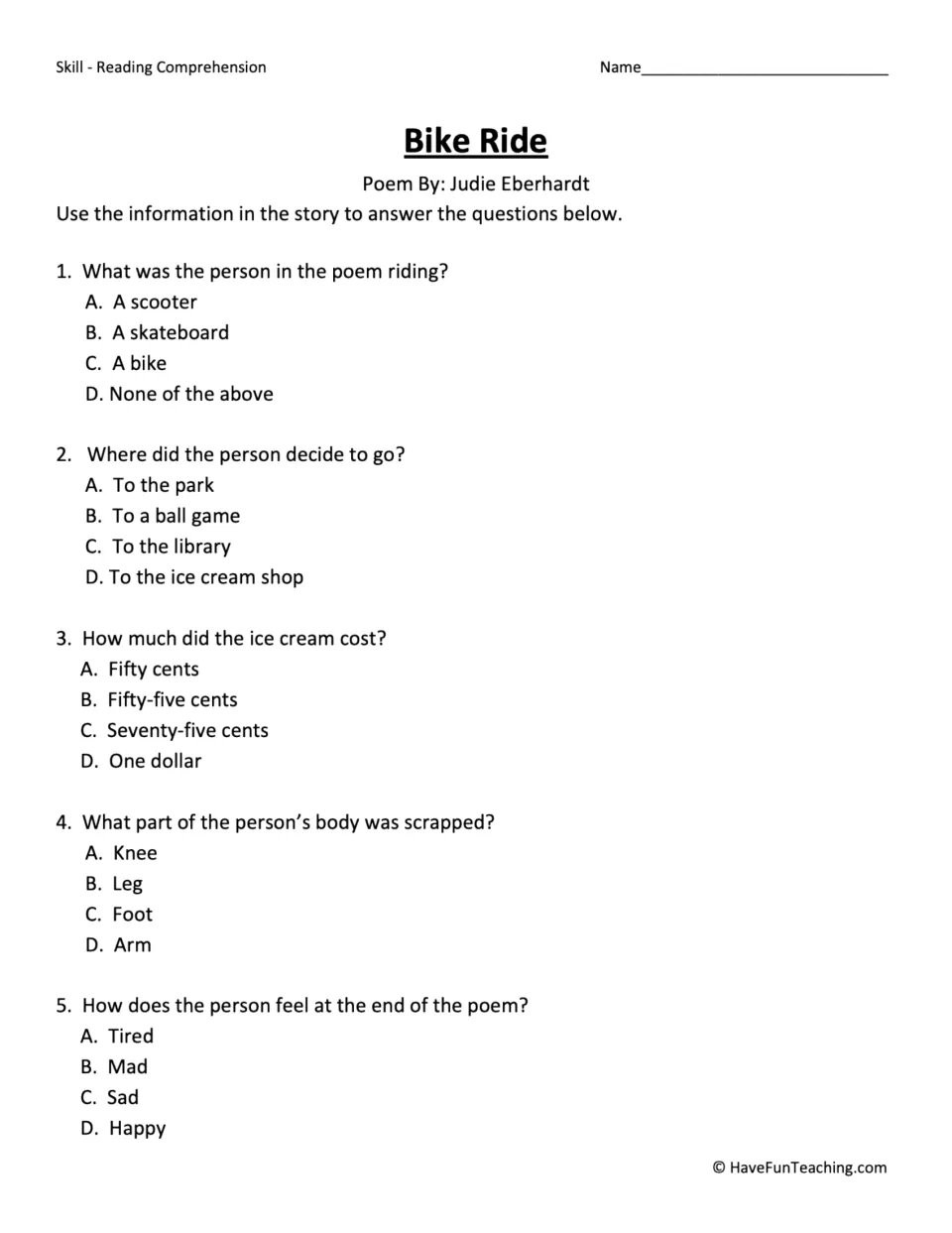 Poem comprehension quiz: students answer 5 multiple-choice questions on the ride, ice cream cost, and the rider's feelings