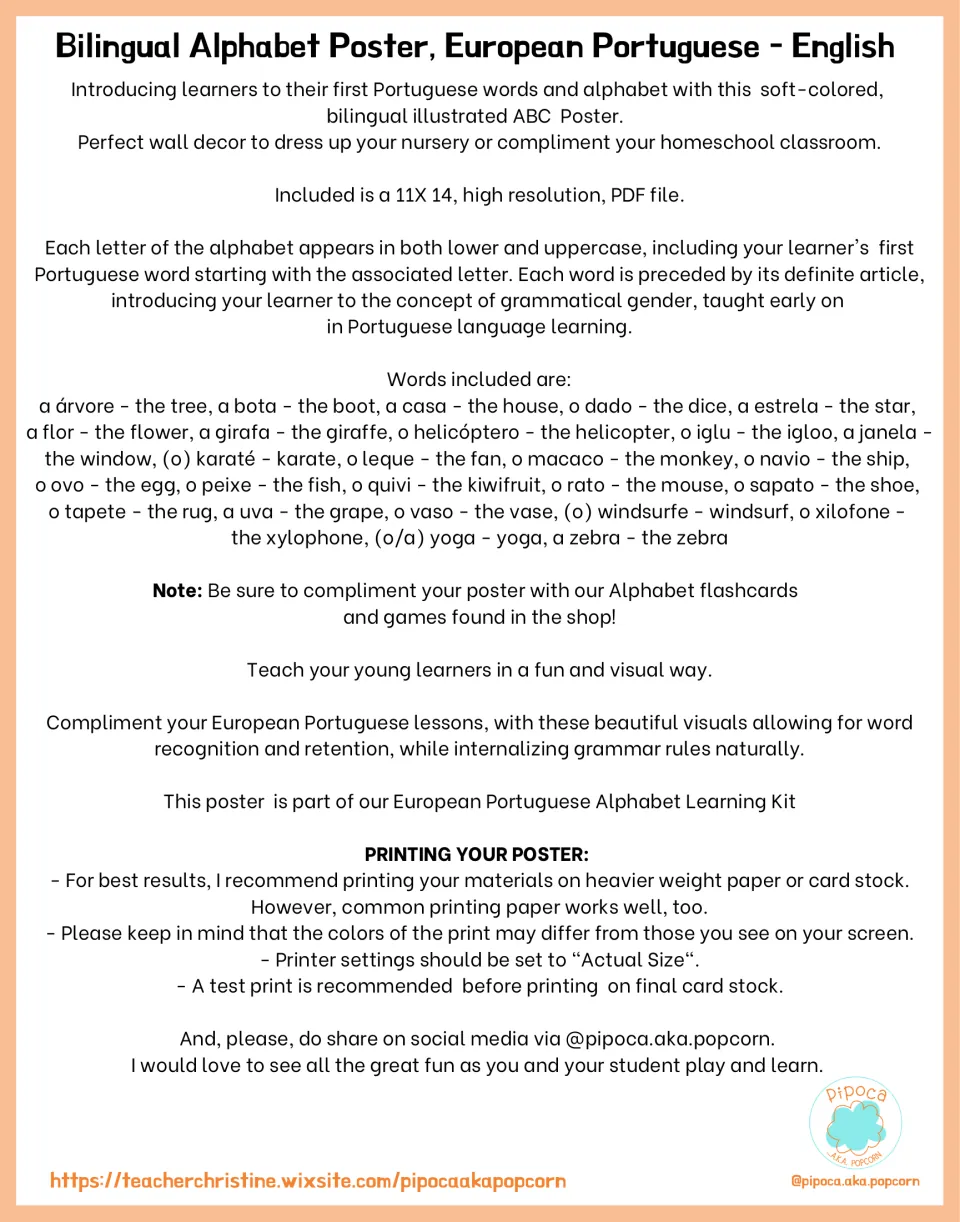 Poster overview: lists all 26 Portuguese words with English meanings, the definite-article note and printing tips