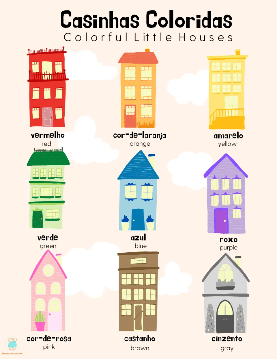 Casinhas Coloridas poster: nine colored houses labeled with Portuguese and English color words, from vermelho to cinzento