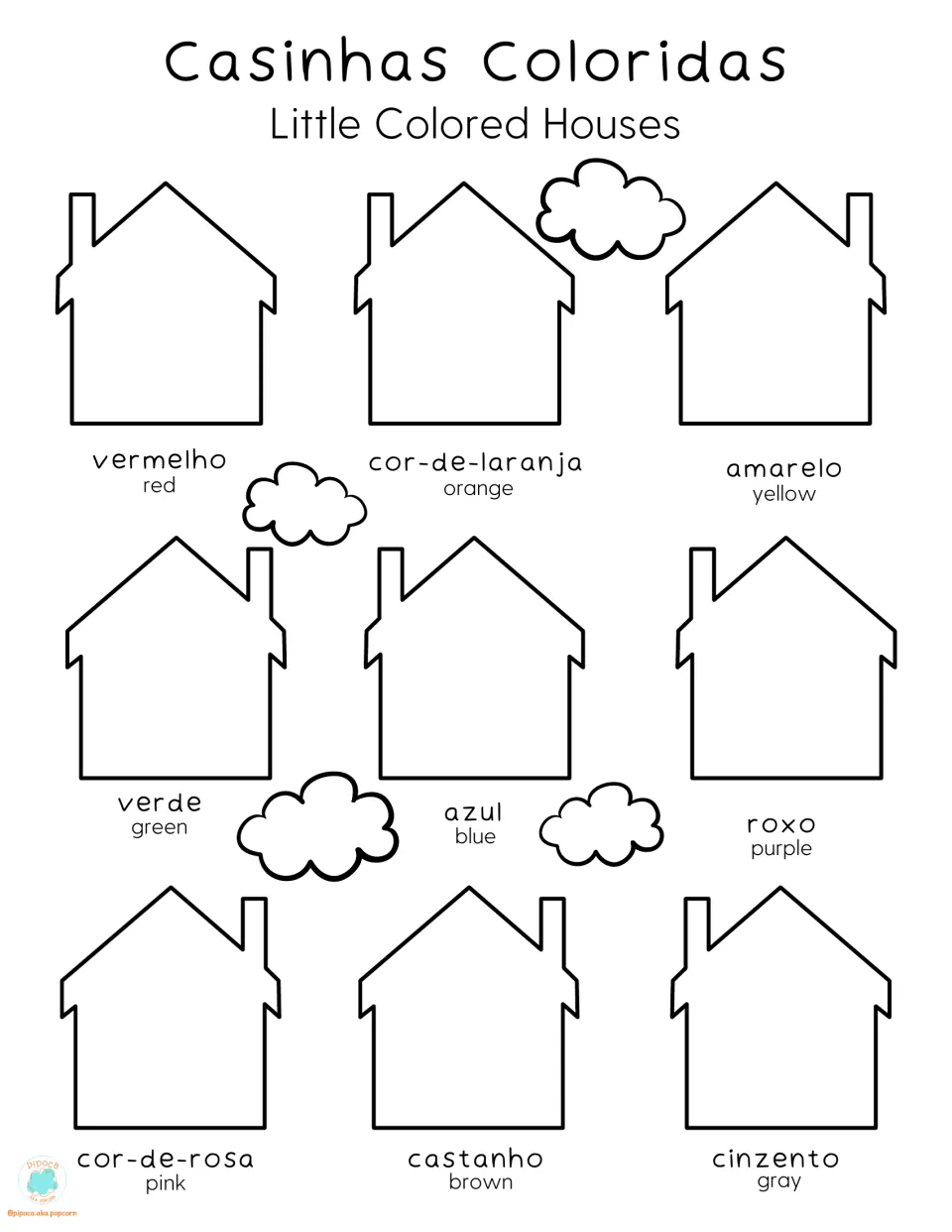 Little Colored Houses coloring sheet: students color nine house outlines to match each Portuguese-English color label