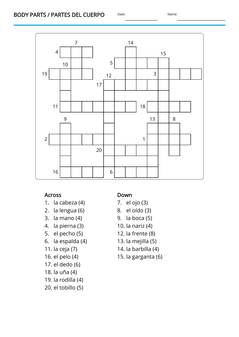 Partes del cuerpo crossword: students fill in English body-part words from 20 Spanish clues such as la ceja (7)
