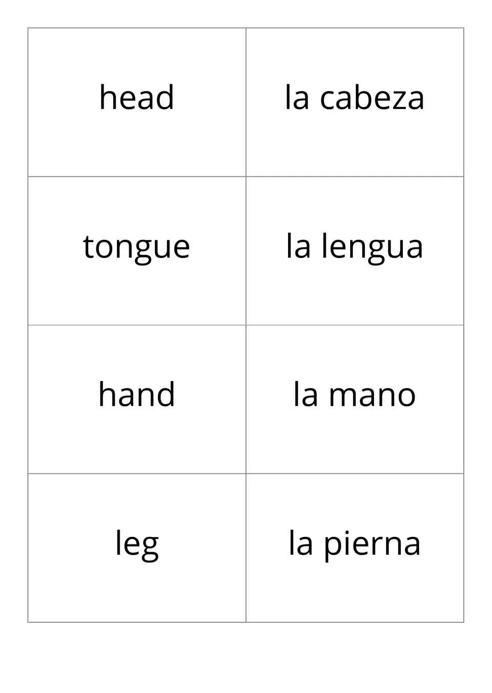 Flash cards pairing English and Spanish body parts: head/la cabeza, tongue/la lengua, hand/la mano, leg/la pierna